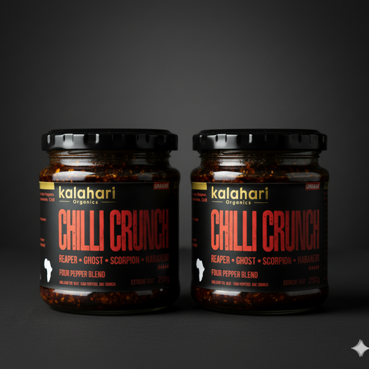 Kalahari Wildfire Fusion Crunch - Superhot Chilli Crunch Oil, Four-Pepper Blend (Reaper, Scorpion, Ghost, Habanero) - 250g Jar