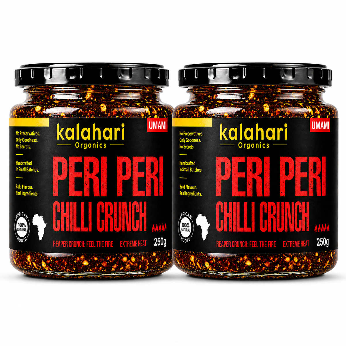 Two Kalahari Organics Peri Peri Chilli Crunch 250g jars
