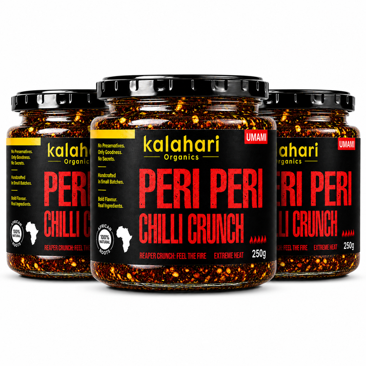 Three Kalahari Organics Peri Peri Chilli Crunch 250g jars