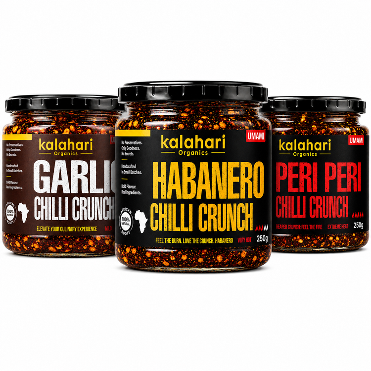 Kalahari Organics Braai Master Trio with Garlic, Habanero and Peri Peri Chilli Crunch jars