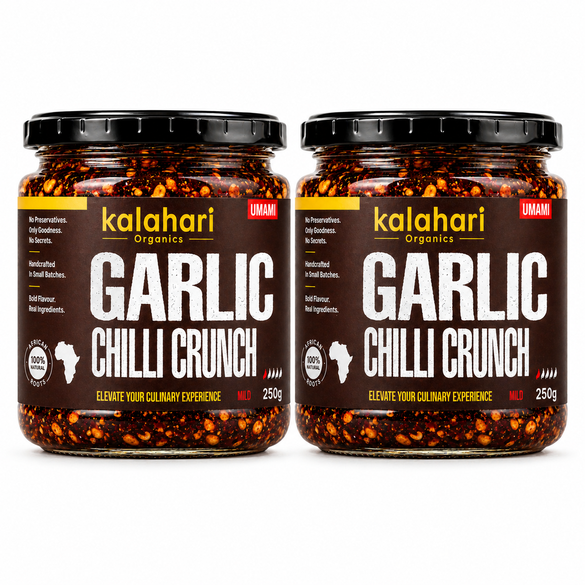 Two Kalahari Organics Garlic Chilli Crunch 250g jars