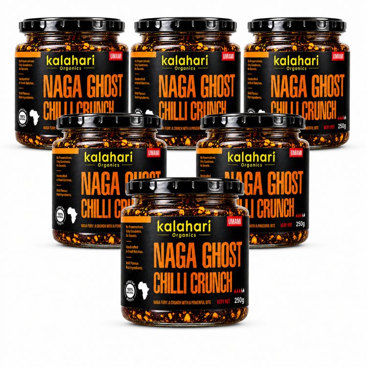 Six Kalahari Organics Naga Ghost Chilli Crunch 250g jars