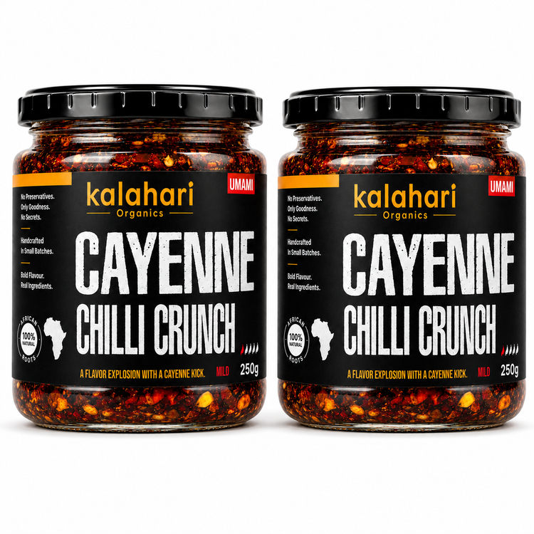 Two Kalahari Organics Cayenne Chilli Crunch 250g jars