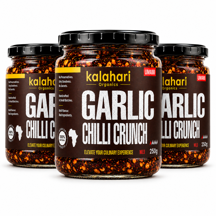 Three Kalahari Organics Garlic Chilli Crunch 250g jars