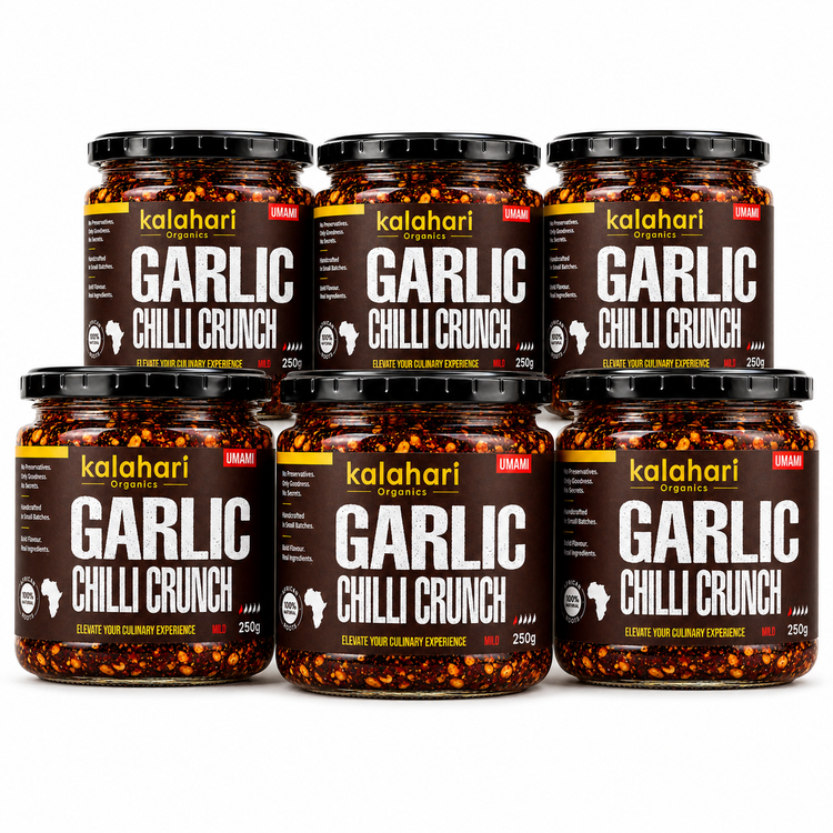 Six Kalahari Organics Garlic Chilli Crunch 250g jars