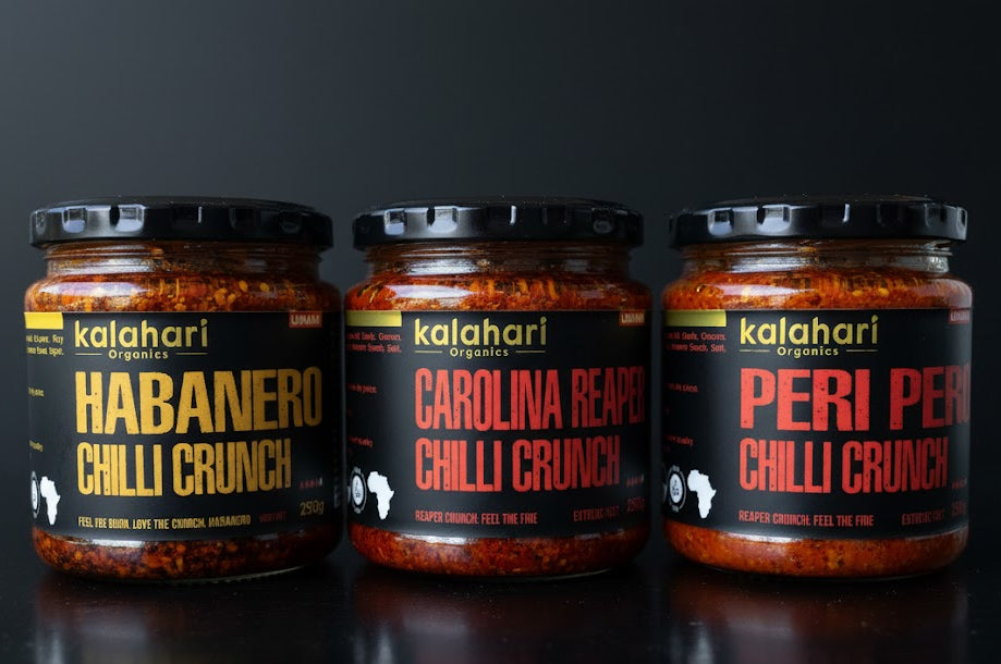 Kalahari Desert Heat Explorer Trio Chilli Crunch Oil Gift Set - 3x250g Variety Pack [Habanero, Reaper & Peri Peri]