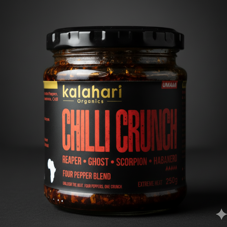 Kalahari Wildfire Fusion Crunch - Superhot Chilli Crunch Oil, Four-Pepper Blend (Reaper, Scorpion, Ghost, Habanero) - 250g Jar