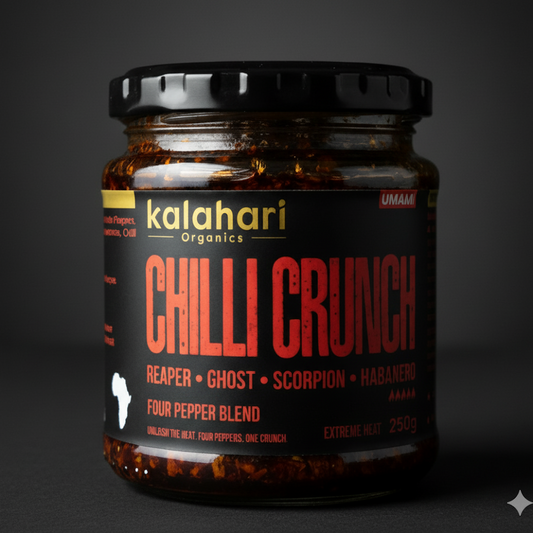 Kalahari Wildfire Fusion Crunch - Superhot Chilli Crunch Oil, Four-Pepper Blend (Reaper, Scorpion, Ghost, Habanero) - 250g Jar