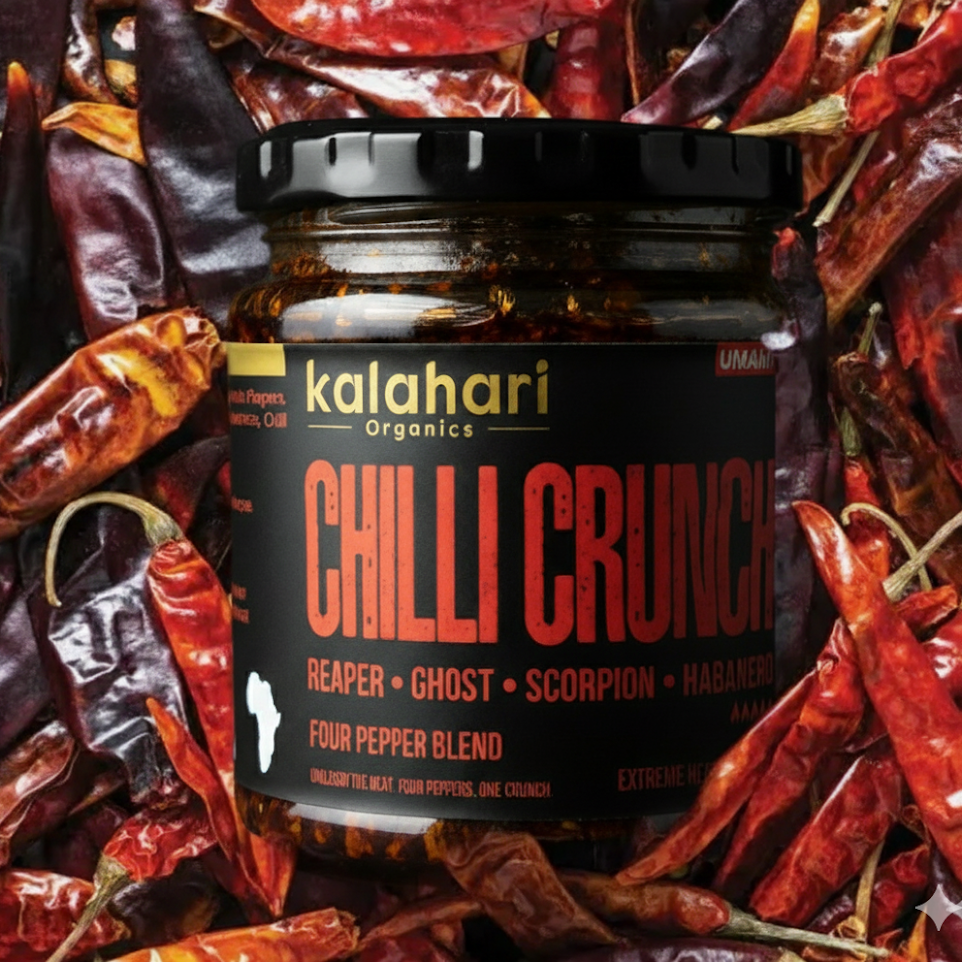 Kalahari Wildfire Fusion Crunch - Superhot Chilli Crunch Oil, Four-Pepper Blend (Reaper, Scorpion, Ghost, Habanero) - 250g Jar