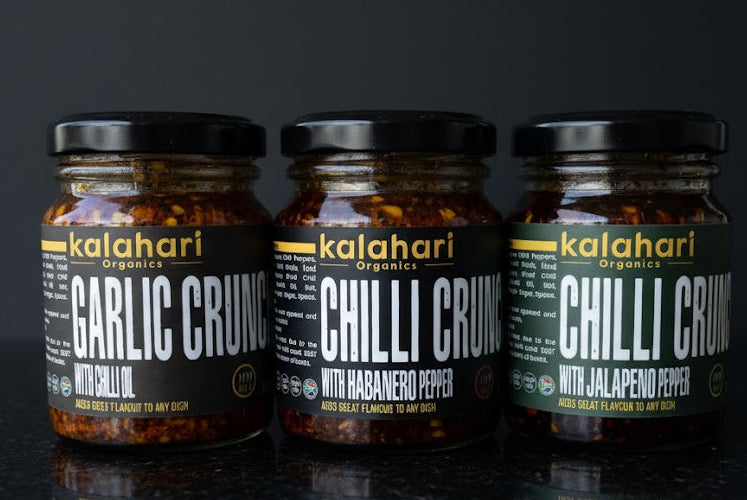 Kalahari Heat Explorer Trio Gift Set: 3x125g Chilli Crunch Oil & Variety Pack [Garlic, Cayenne, Habanero]