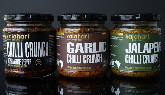 Kalahari Crunch Starter Trio Chilli Crunch Oil Gift Set - 3x250g Variety Pack (Garlic, Jalapeño, Cayenne]
