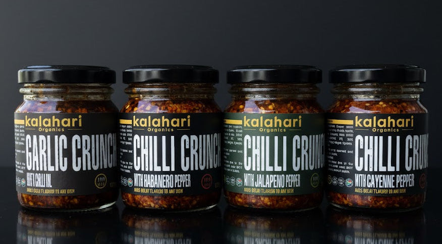 Kalahari Mini Crunch Sampler: 4x125g Chilli Crunch Oil & Variety Pack [Garlic, Cayenne, Jalapeno, Habanero]