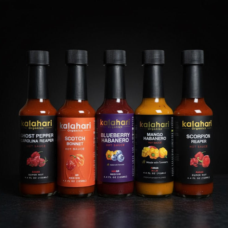 Kalahari Big 5 Collection - 3x125ml Hot Sauce Gift Set [Ghost Reaper, Scotch Bonnet & Ginger, Scorpion Reaper, Blueberry Habanero, Mango Habanero]