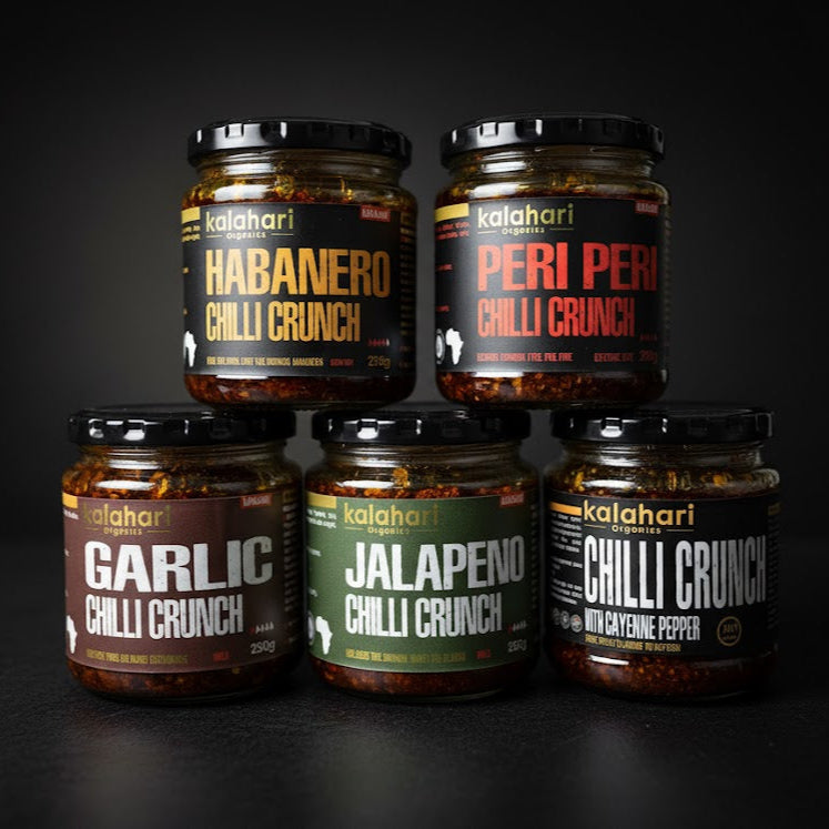 Kalahari Huisgenoot Collection Box Gift Set: 5x250g Chilli Crunch Oil & Variety Pack [Garlic, Jalapeño, Habanero, Cayenne, Peri Peri]