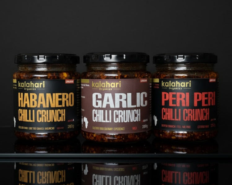 Kalahari Braai Master Crunch Trio Chilli Crunch Oil Gift Set - 3x250g Variety Pack [Garlic, Habanero, Peri Peri]