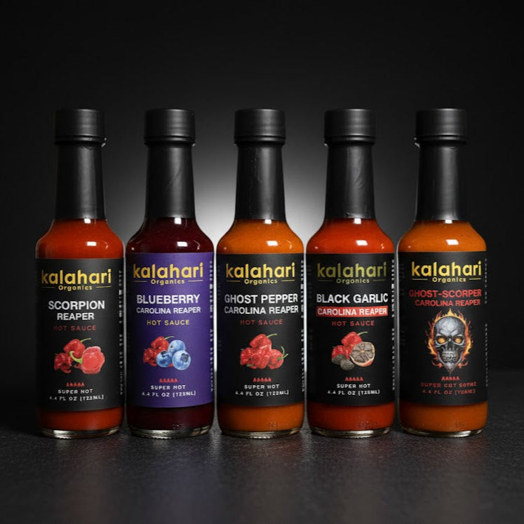 Kalahari Big 5 Collection - 3x125ml Hot Sauce Gift Set [Ghost Reaper, Scotch Bonnet & Ginger, Scorpion Reaper, Blueberry Habanero, Mango Habanero]