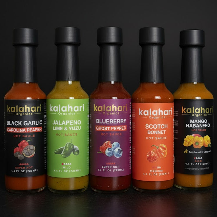 Kalahari Bomb Squad Collection: Match Day Edition - 3x125ml Hot Sauce Gift Set [5 Flavors: Jalapeño Lime, Mango Habanero, Blueberry Ghost & More]