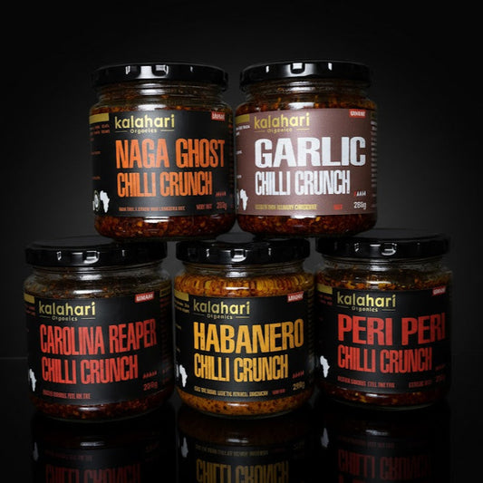 Kalahari Master Chef's Selection Crunch Gift Set: 5x250g Chilli Crunch Oil & Variety Pack (Garlic, Habanero, Peri Peri, Carolina Reaper, Naga Ghost)