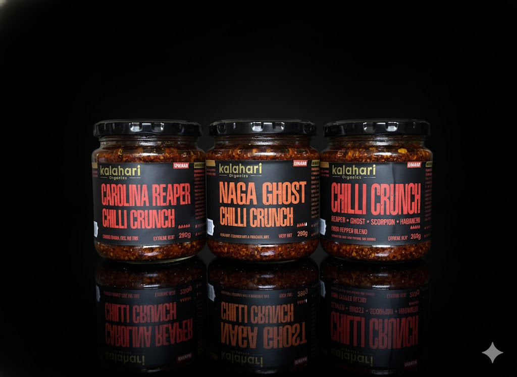 Kalahari Desert Storm Trio Superhot Chilli Crunch Oil Gift Set - 5x250g [Carolina Reaper, Naga Ghost, Wildfire 4-Pepper Blend]
