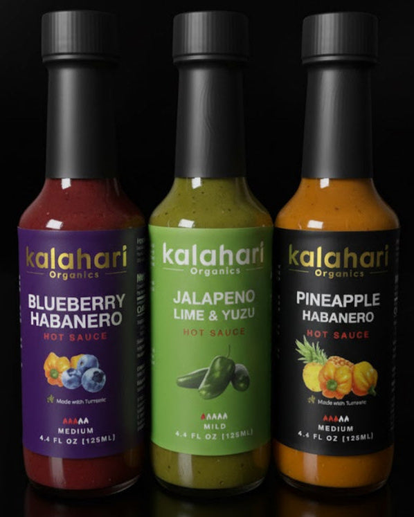 Kalahari Safari Sunrise Trio Hot Sauce Gift Set - 3x125ml  [Jalapeño Lime Yuzu, Blueberry Habanero]