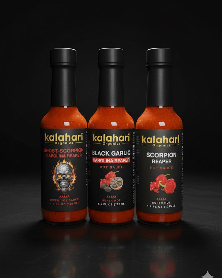 Kalahari Inferno Trio - 3x125ml Hot Sauce Gift Set & Variety Pack [Black Garlic Reaper, Scorpion Reaper, Triple Pepper Blend]