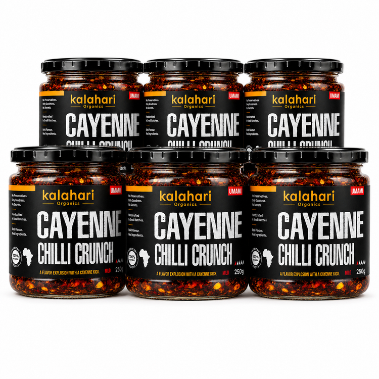 Six Kalahari Organics Cayenne Chilli Crunch 250g jars