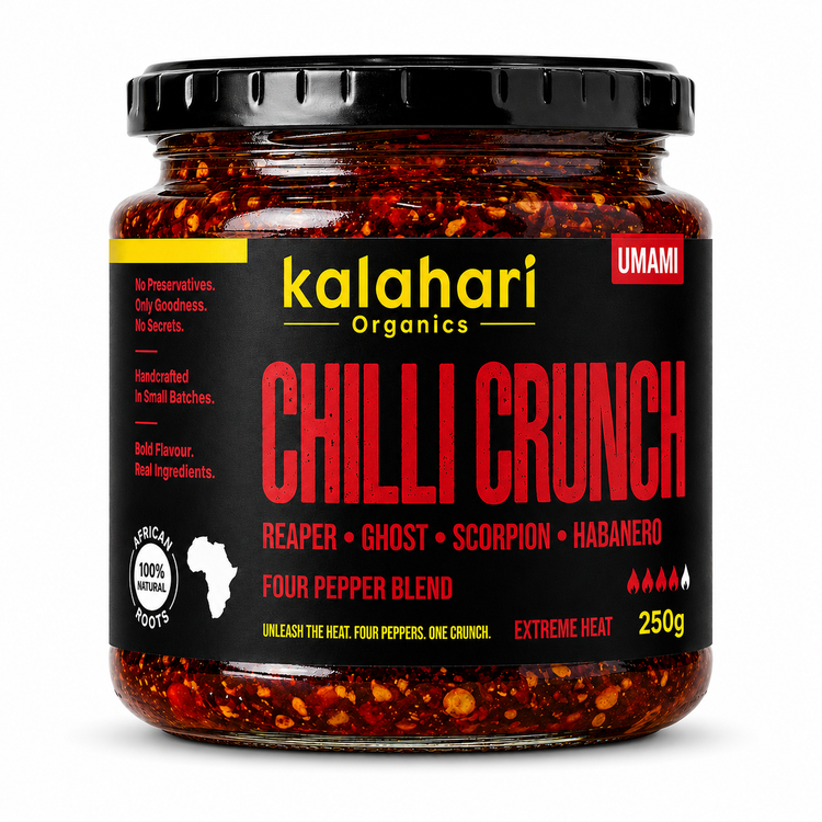 Kalahari Organics four-pepper blend Chilli Crunch 250g jar