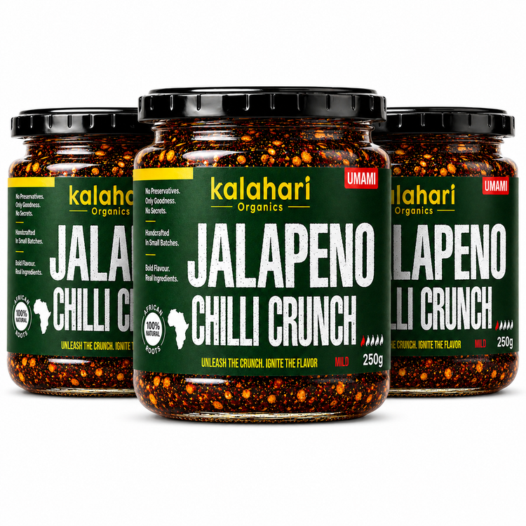 Three Kalahari Organics Jalapeño Chilli Crunch jars