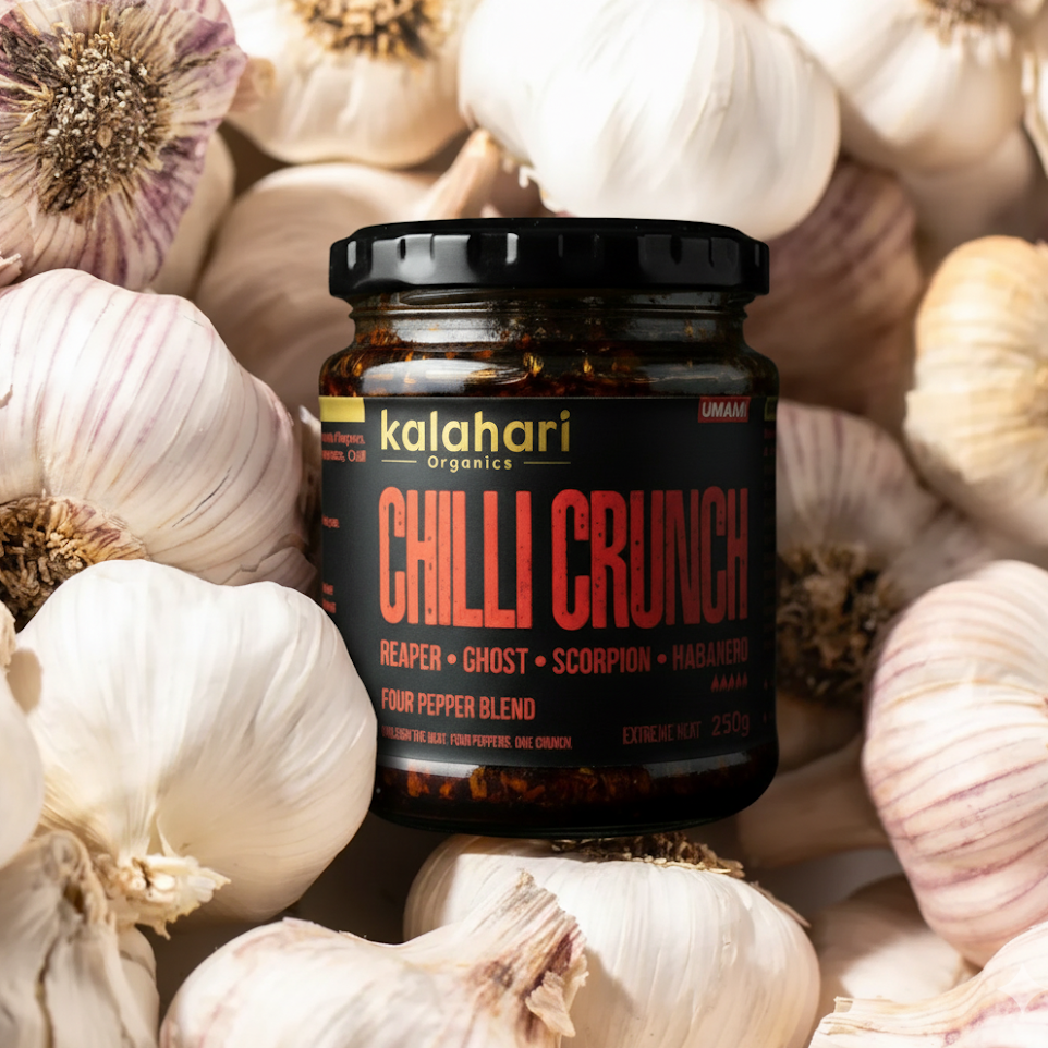 Kalahari Wildfire Fusion Crunch - Superhot Chilli Crunch Oil, Four-Pepper Blend (Reaper, Scorpion, Ghost, Habanero) - 250g Jar