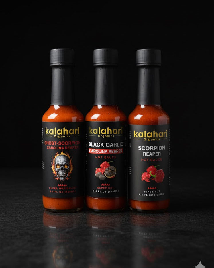 Kalahari Inferno Trio - 3x125ml Hot Sauce Gift Set & Variety Pack [Black Garlic Reaper, Scorpion Reaper, Triple Pepper Blend]